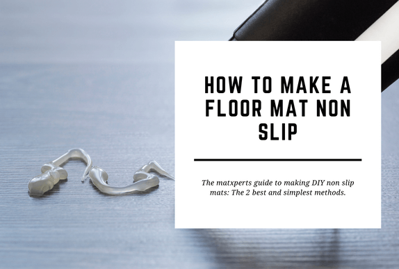 A glue gun creates a squiggle on a flat surface. The blog header reads How to Make a Floor Mat Non Slip.