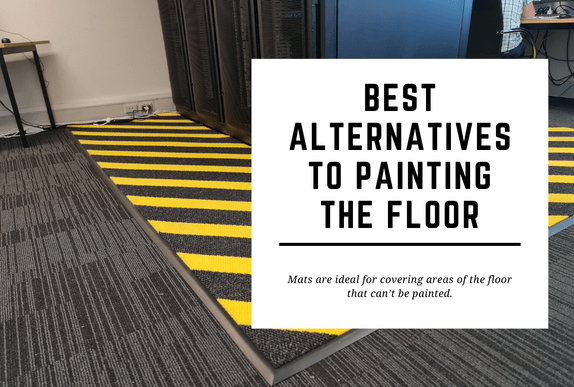 A railaway server rack is surrounded by matting with hazard stripes. The blog header reads Best Alternatives to Painting the Floor.