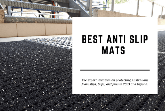 A non slip mat has been laid at the bottom of a staircase. The blog header reads Best Anti Slip Mats.
