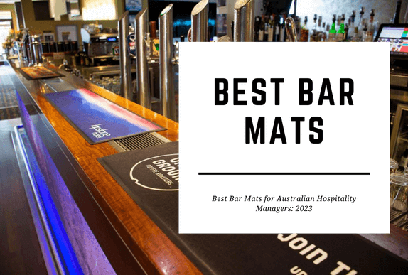 Customised bar mats are laid across a bar top. The blog header reads Best Bar Mats.