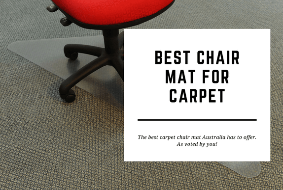 A red chair sits on top of a chair mat. The blog header reads Best Chair Mat for Carpet.
