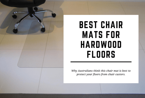 A chair with castors sits on top of a PVC chair mat on white tiles. The blog header reads Best Chair Mats for Hardwood Floors.
