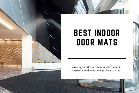 A revolving door with a carpet door mat is seen in the background. The blog header reads Best Indoor Door Mats.