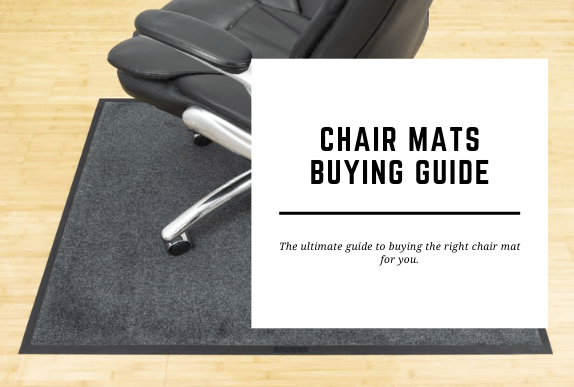 A wheeled chair sits on top of a carpet-surfaced chair mat. The blog header reads Chair Mats Buying Guide.
