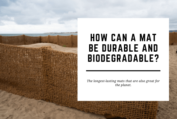 A pile of coir matting is laid on a beach. The blog header reads How Can a Mat Be Durable and Biodegradable?
