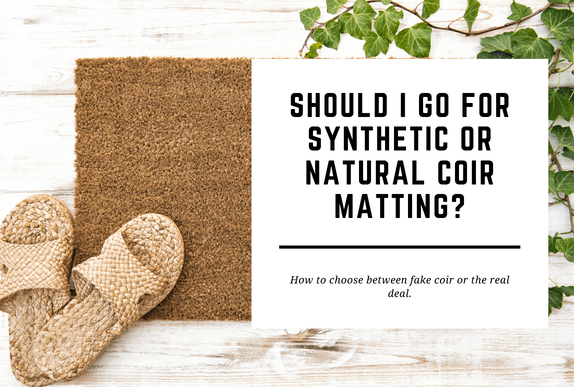 A pair of synthetic coir shoes lay on a natural coir doormat. The blog header reads Should I Go for Synthetic or Natural Coir Matting?