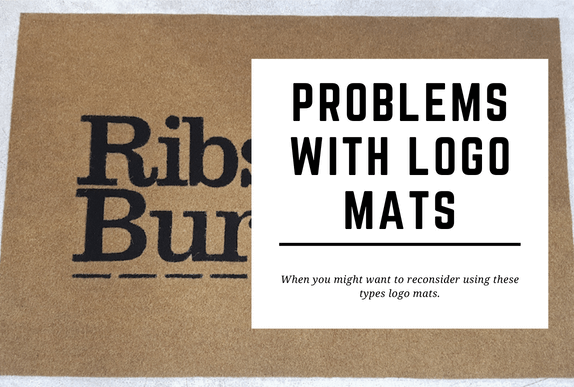 A branded coir logo mat is seen in the background. The blog header reads Problems with Logo Mats.