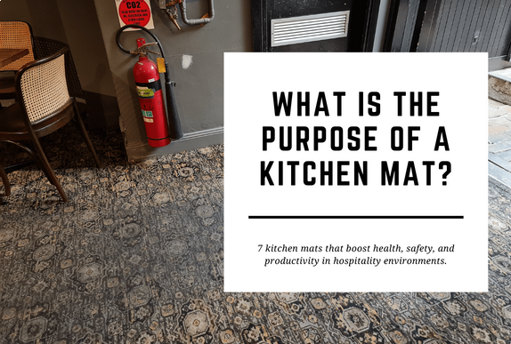 A ruined bar floor is shown in the background. The blog header reads What is the Purpose of a Kitchen Mat?