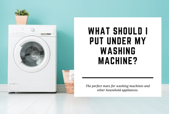 A small potted plant sits on top of a washing machine. The blog header reads What Should I Put Under My Washing Machine?