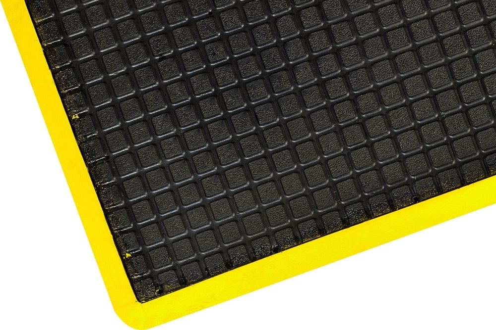 Grid Surface Moulded Rubber Anti Fatigue Comfort Mat Yellow Safety Border