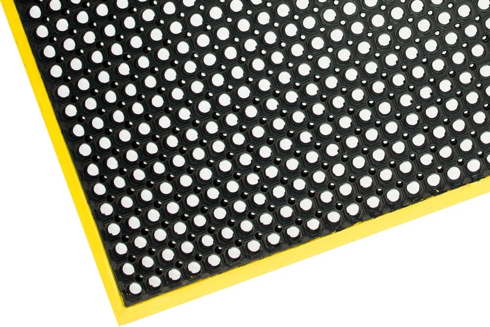 Heavy Duty Rubber Safety Mat with holes and Moulded Yellow Safety Border 100 x 150cm
