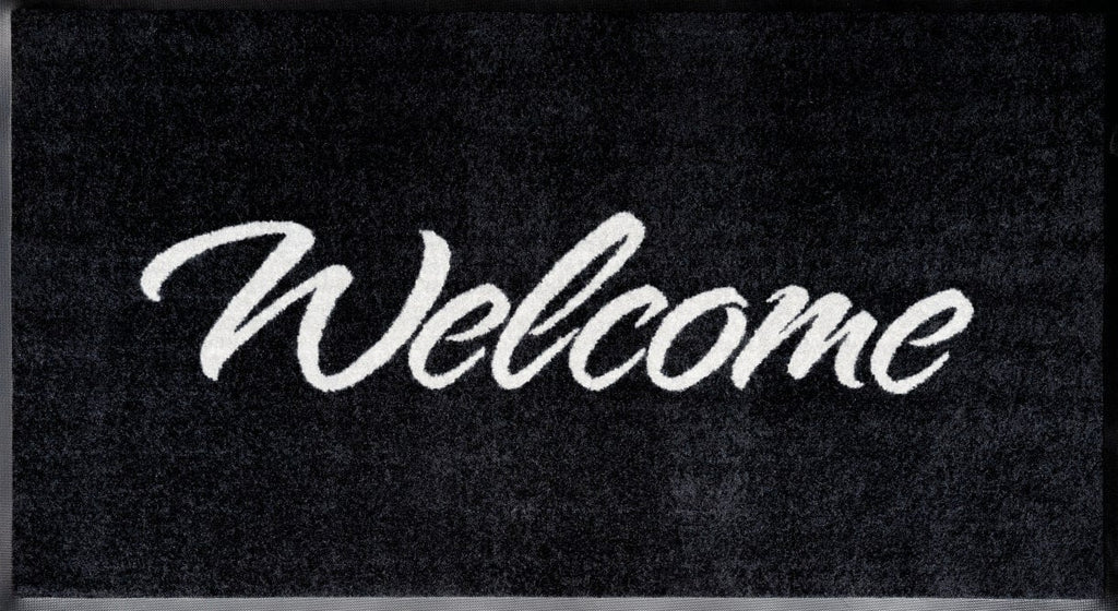 Durable Nylon Twist Pile Welcome Mat with Rubber Backing Black Mat With Grey Text 85 x 150cm