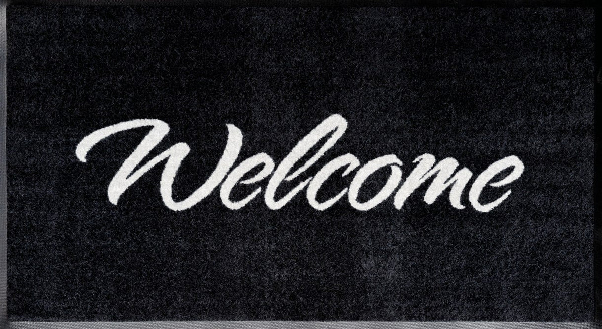 Durable Nylon Twist Pile Welcome Mat with Rubber Backing Black Mat With Grey Text 85 x 150cm