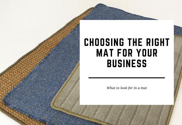 A variety of mats are displayed in a fan shape. The blog header reads Choosing the Right Mat for Your Business.