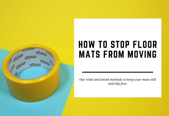 A roll of mat tape sits on top of a blue and yellow background. The blog header reads How to Stop Floor Mats from Moving.