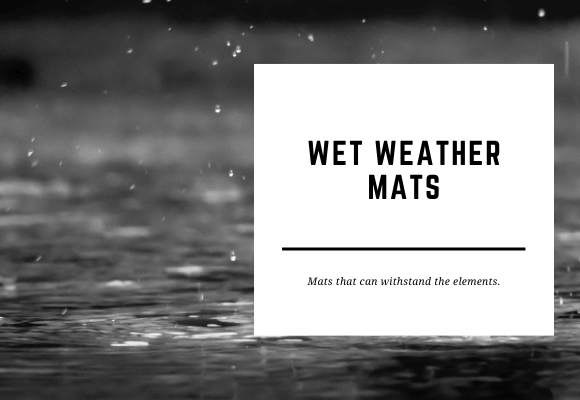 Water drops on the ground in black and white. The blog header reads Wet Weather Mats.
