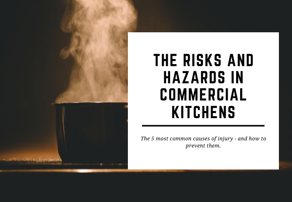 A pot is steaming on a stovetop. the blog header reads The Risks and Hazards in Commercial Kitchens.