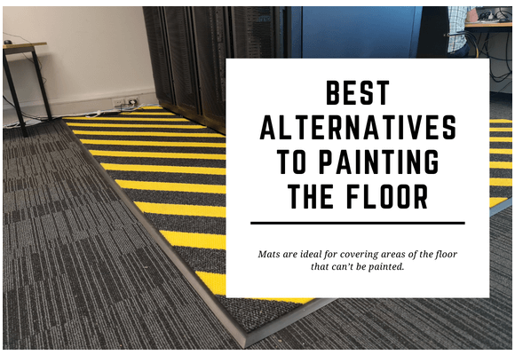 A railaway server rack is surrounded by matting with hazard stripes. The blog header reads Best Alternatives to Painting the Floor.