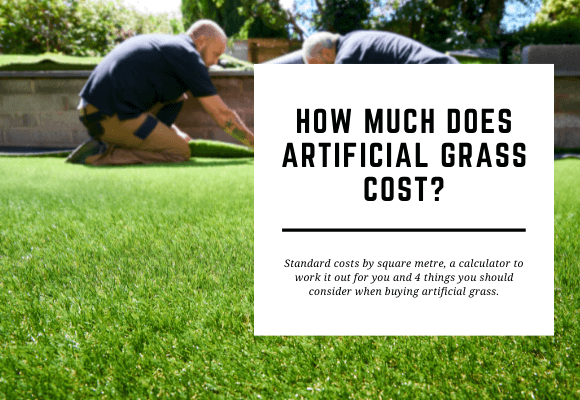 Two men install artificial grass. The blog header reads How Much Does Artificial Grass Cost?
