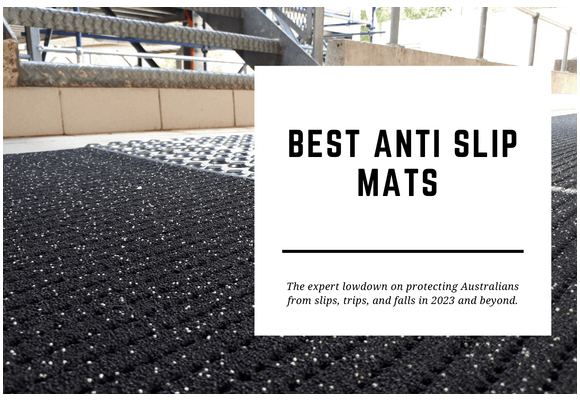 A non slip mat has been laid at the bottom of a staircase. The blog header reads Best Anti Slip Mats.