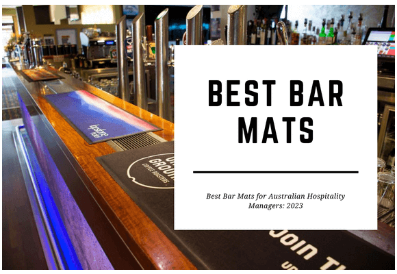 Customised bar mats are laid across a bar top. The blog header reads Best Bar Mats.