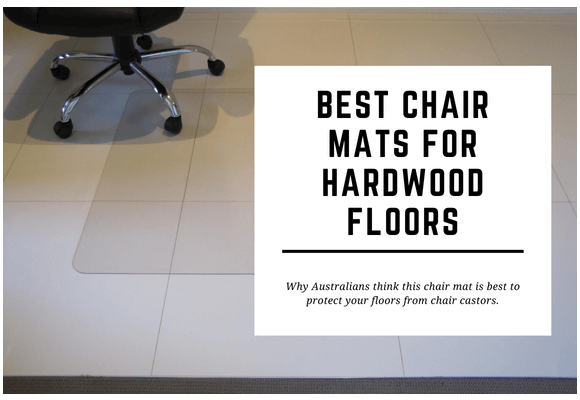 A chair with castors sits on top of a PVC chair mat on white tiles. The blog header reads Best Chair Mats for Hardwood Floors.