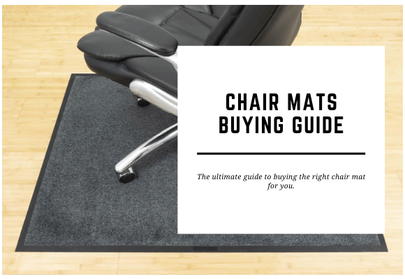 A wheeled chair sits on top of a carpet-surfaced chair mat. The blog header reads Chair Mats Buying Guide.
