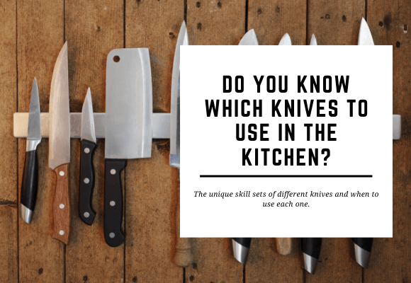 Knives are held up by a magnetic strip along a wooden wall. The blog header reads Do You Know Which Knives To Use in the Kitchen.