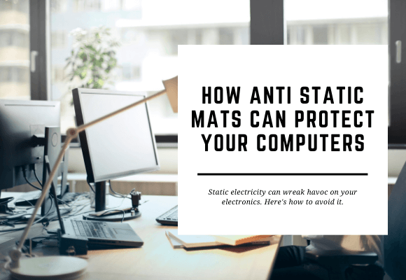 A computer is set up at a home office. The blog header reads How Anti Static Mats can Protect Your Floors.