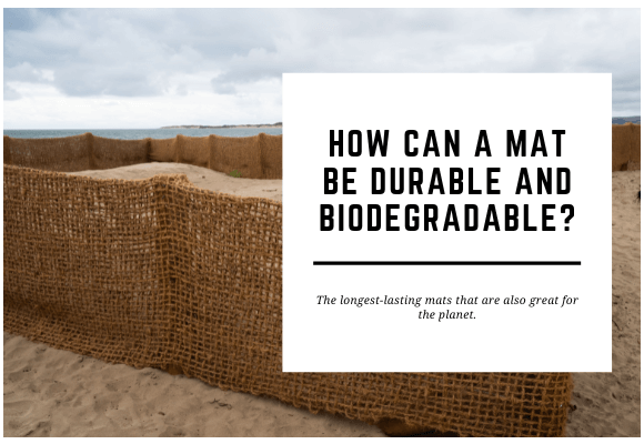 A pile of coir matting is laid on a beach. The blog header reads How Can a Mat Be Durable and Biodegradable?