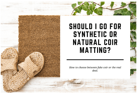 A pair of synthetic coir shoes lay on a natural coir doormat. The blog header reads Should I Go for Synthetic or Natural Coir Matting?