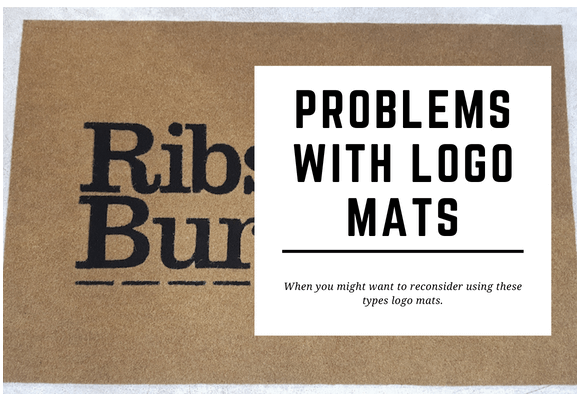 A branded coir logo mat is seen in the background. The blog header reads Problems with Logo Mats.