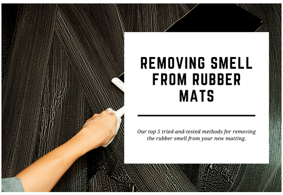 An arm cleans a rubber mat to stop it smelling. The blog header reads Removing Smell from Rubber Mats.