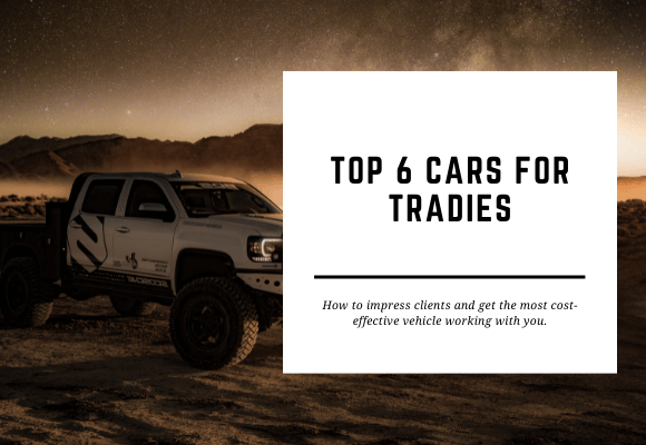 A white ute is parked in an open outside area at night time. The blog header reads Top 6 Cars for Tradies.