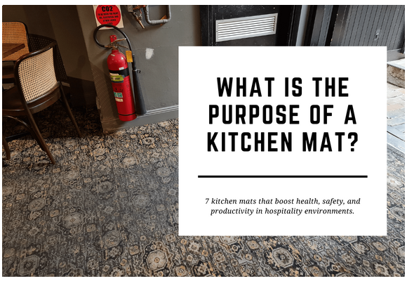 A ruined bar floor is shown in the background. The blog header reads What is the Purpose of a Kitchen Mat?