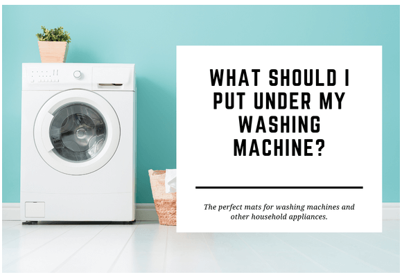 A small potted plant sits on top of a washing machine. The blog header reads What Should I Put Under My Washing Machine?
