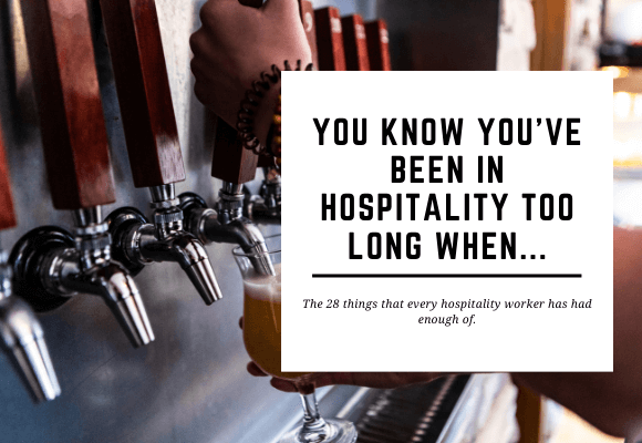 A bartender pours beer from taps. The blog header reads You Know You've Been in Hospitality too long when...
