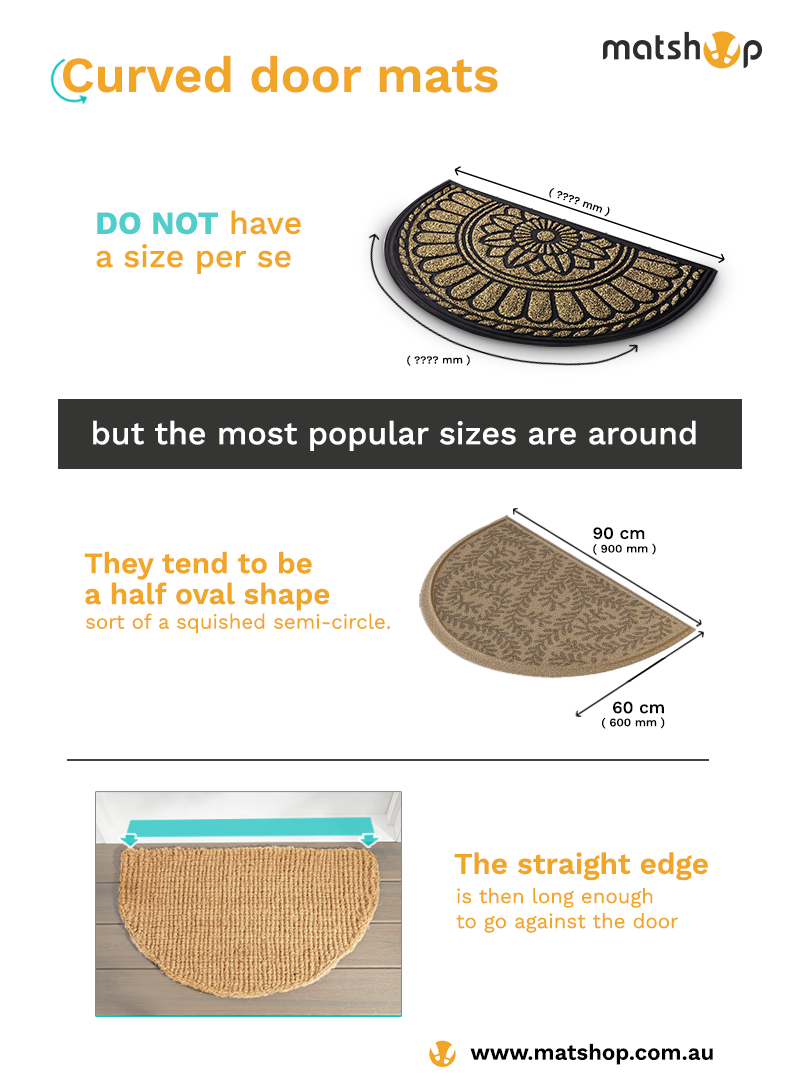 What size is a standard door mat? Image shows the dimensions for a standard curved door mat.