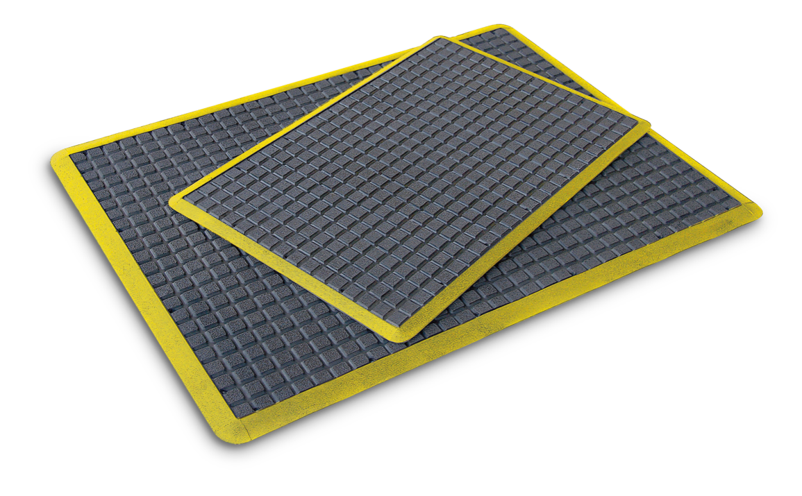 A grey anti fatigue mat with a yellow safety border.