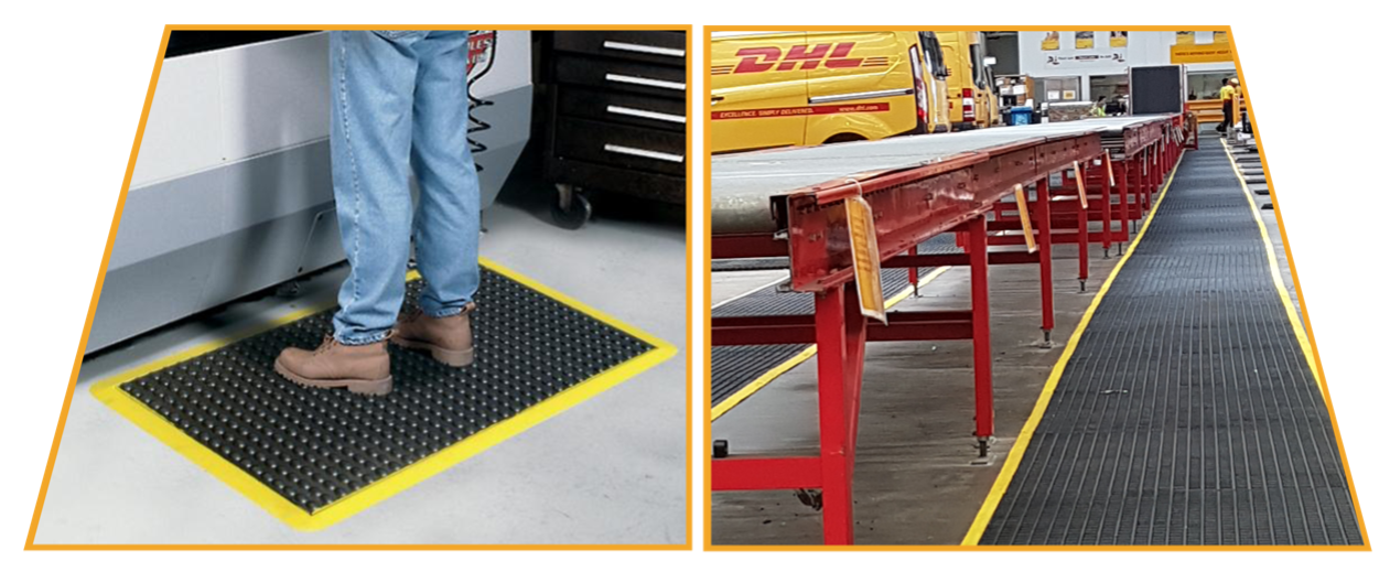 Two feet stand on a black anti fatigue mat with a yellow border.
