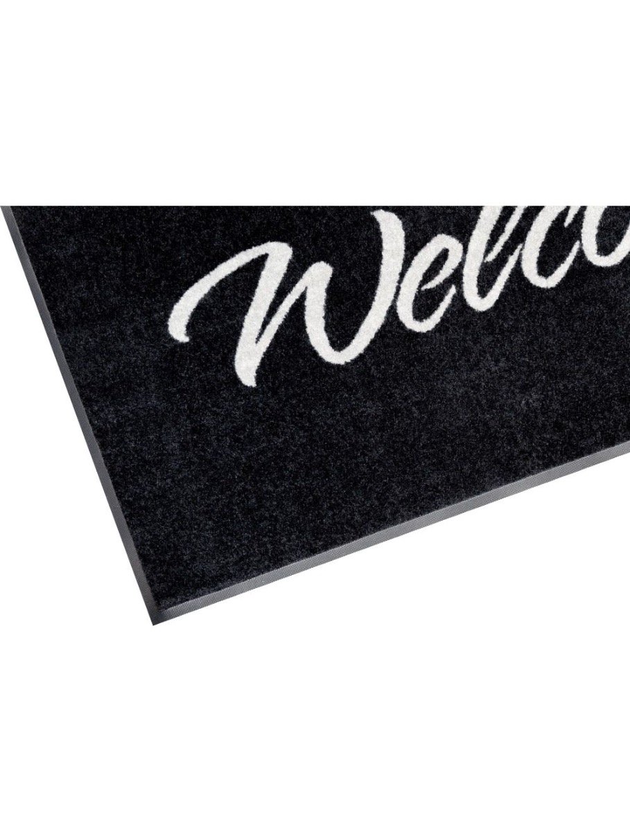 Black Nylon Welcome Mat with Grey Text.